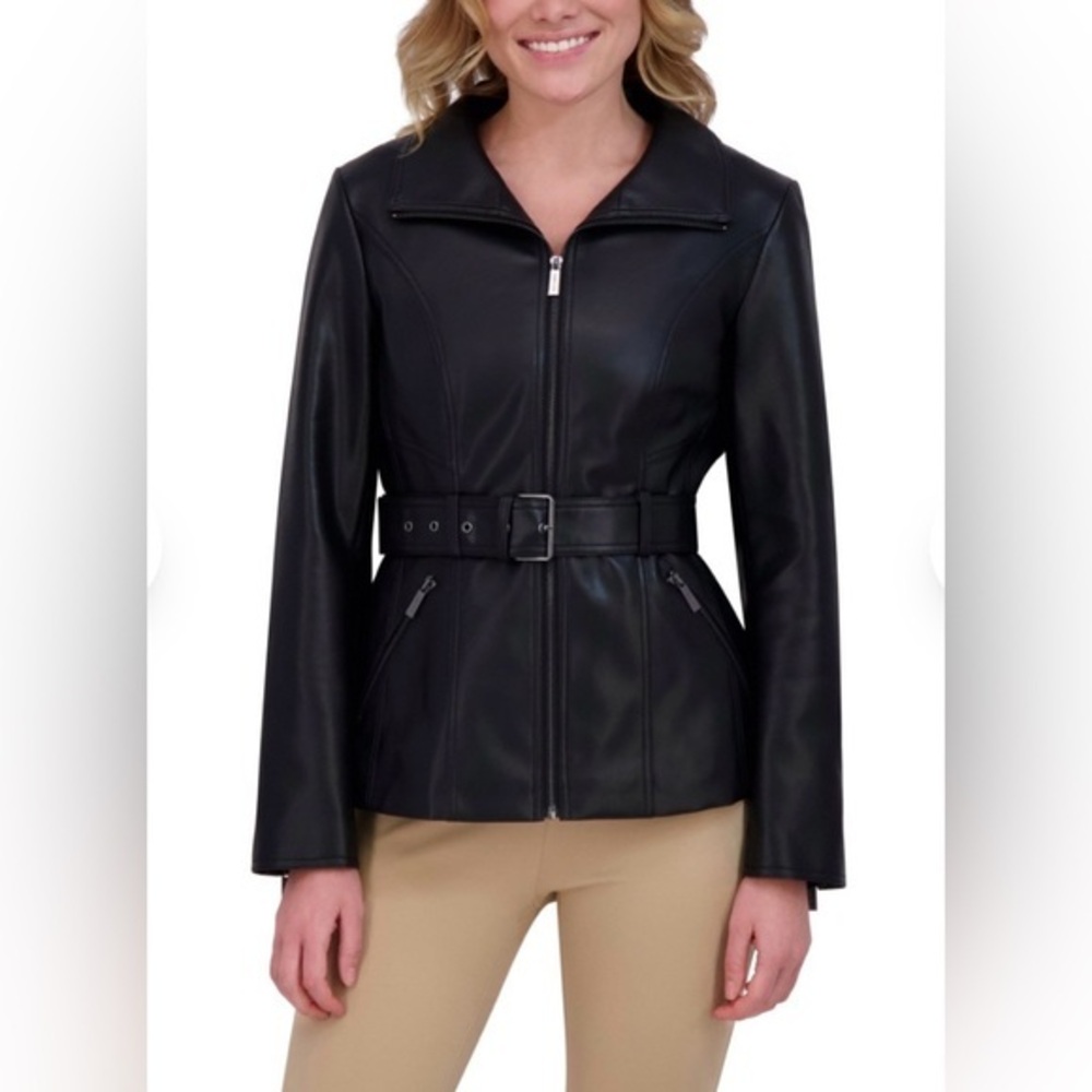 NWT Kenneth Cole Black Faux Leather Belted Jacket Size L